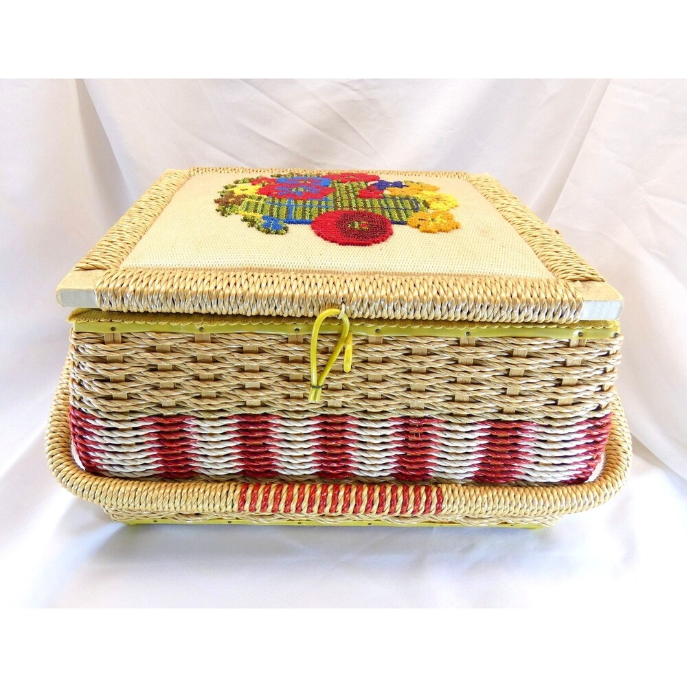 VTg  Embroidery Floral Top Sewing Basket with Insert JCPenney Yellow